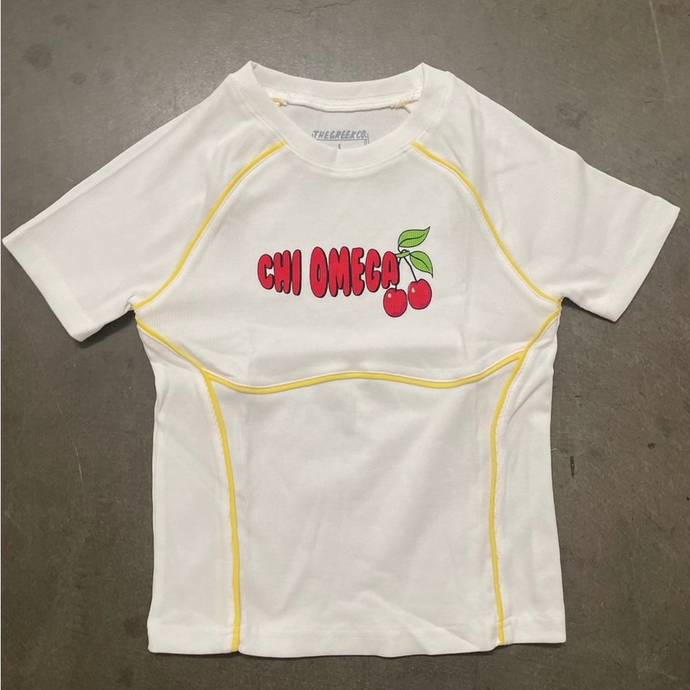 NWOT White Chi Omega T-Shirt with Yellow Accents Size L